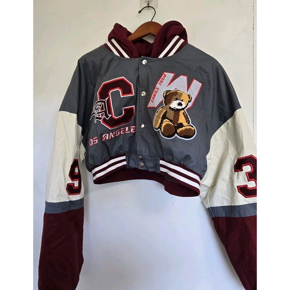 Fashion Nova Jacket Womens M Y2K Cali Teddy Bomber Cropped Varsity Patches